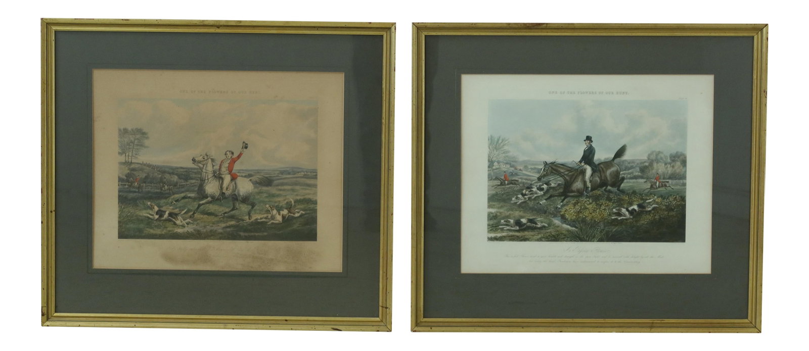 Rudolph Ackerman Colored Hunt Scenes Pair with Gold Leaf Frame: Rudolph Ackerman Colored Hunt Scenes Pair with Gold Leaf Frame This exquisite pair of English Rudolf Ackerman colored hunt scenes is approximately 150 years old and comes professionally framed and mat