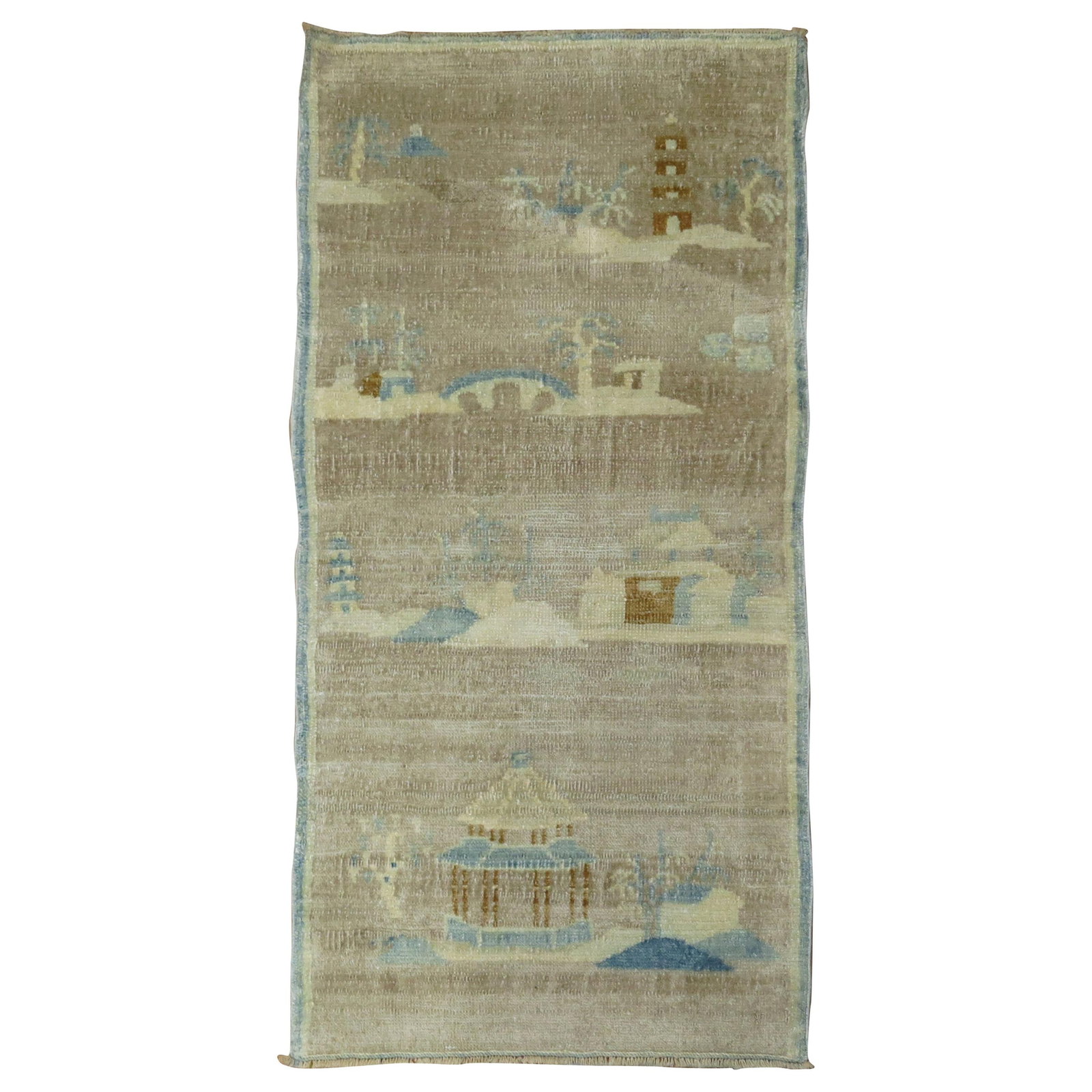 Hand-Woven Chinese Art Deco Pictorial Rug 22 x 43 in Wool: Hand-Woven Chinese Art Deco Pictorial Rug 22 x 43 in Wool This exquisite Chinese Art Deco mat features a stunning pictorial landscape motif, showcasing a harmonious blend of gray, light blue, and silv