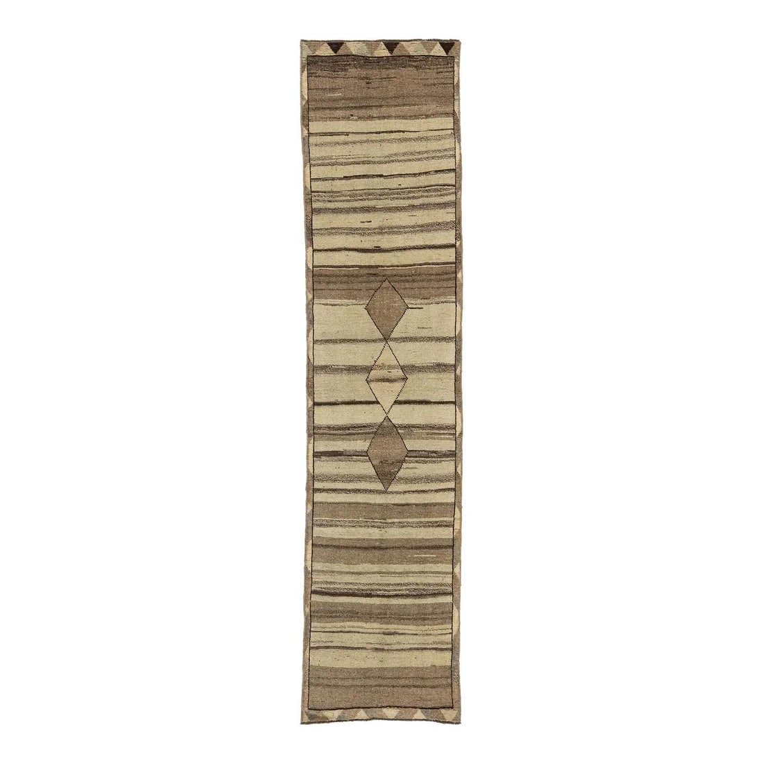 Gabbeh Wool Runner 2'3 x 9'10 Minimalist Tribal Rug: Gabbeh Wool Runner 2'3 x 9'10 Minimalist Tribal Rug This hand-knotted Gabbeh wool runner features a minimalist tribal design, blending traditional craftsmanship with a modern aesthetic. The rug showca