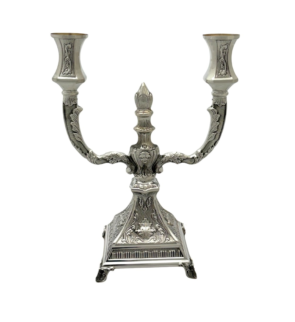 Sterling Silver 2 Light Candelabra Chased Swirl Leaf Applique (1 of 3)