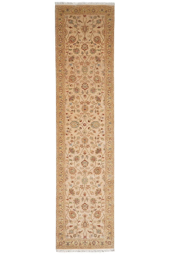 2.9 x 11.9' Handmade Wool Runner Beige Gold: 2.9 x 11.9' Handmade Wool Runner Beige Gold Free continental US Shipping Handmade long runner in beige and gold with a hand-knotted construction and floral, ornamental motifs. Made from natural wool, 