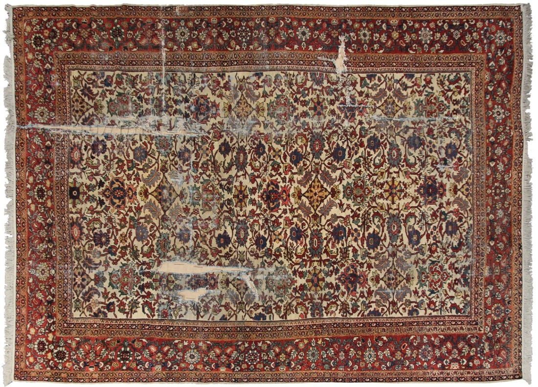Antique Sultanabad Wool Area Rug 10'1 x 14'2 Beige Geometric: Antique Sultanabad Wool Area Rug 10'1 x 14'2 Beige Geometric This antique Persian Mahal Sultanabad area rug dates to circa 1890 and features a striking geometric pattern in beige with ivory, rust, and
