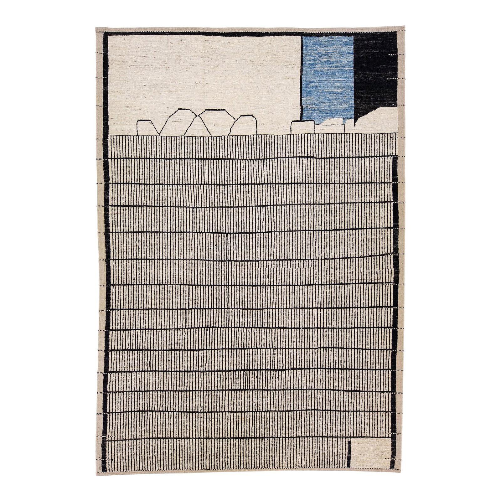Handmade Moroccan Style Wool Rug 10'4 x 14'11 Beige Geometric Design: Handmade Moroccan Style Wool Rug 10'4 x 14'11 Beige Geometric Design Enhance your living space with this exquisite handmade Moroccan-style wool rug. Featuring a sophisticated beige field adorned with 
