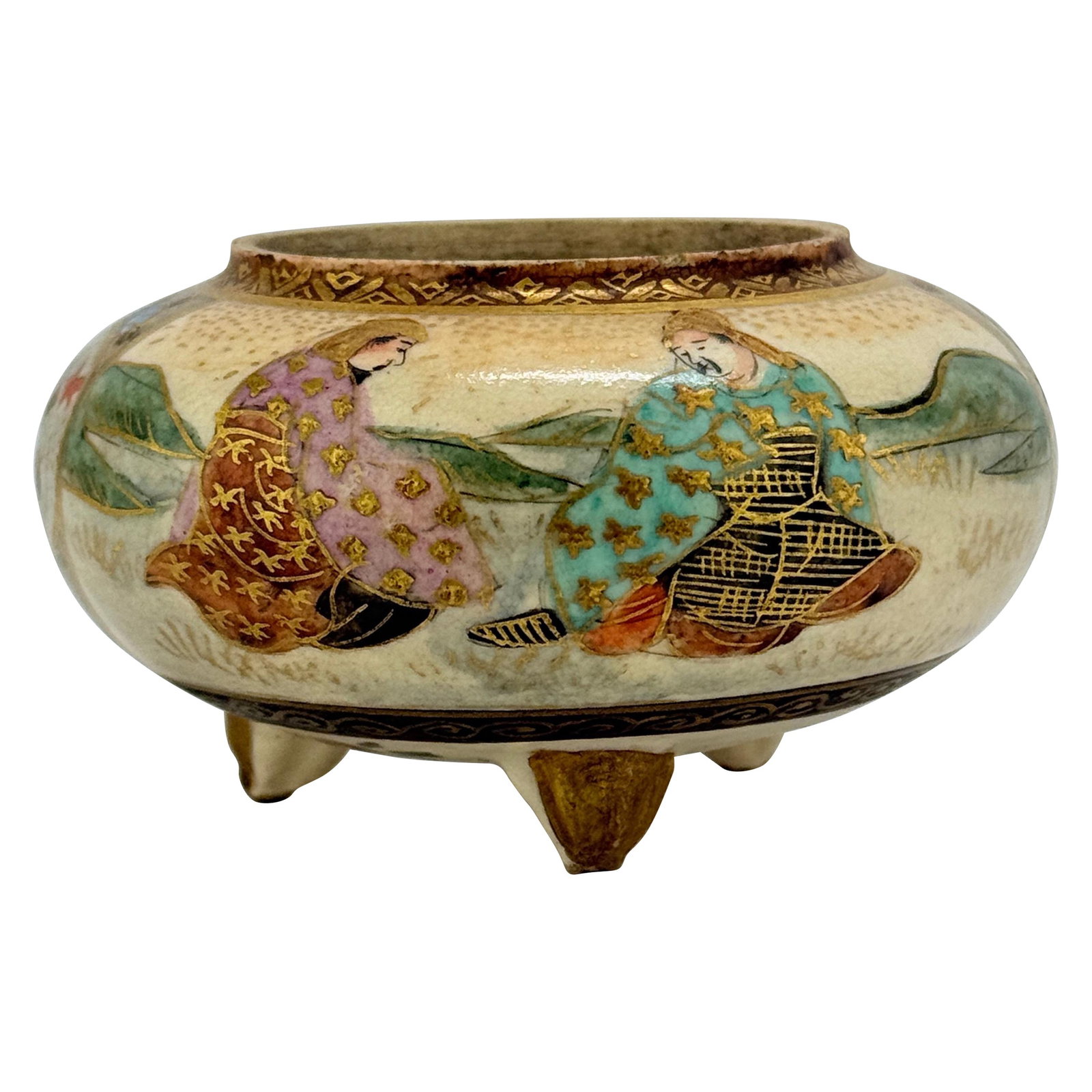 Signed Miniature Meiji Era Satsuma Porcelain Samurai Censer Japan: Signed Miniature Meiji Era Satsuma Porcelain Samurai Censer Japan This exquisite miniature Satsuma porcelain censer, crafted during the Meiji Era, exemplifies the artistry of Japanese ceramics. Standi