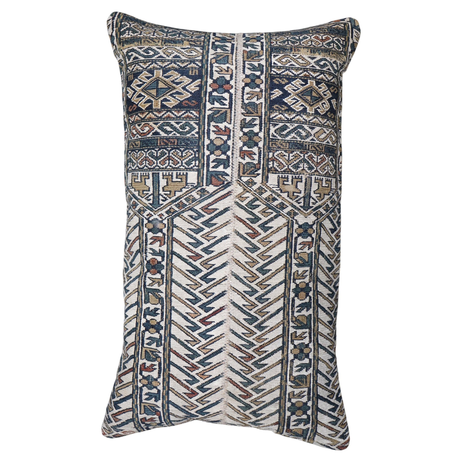 Turkish Soumac Bolster Pillow 14 x 23 Geometric Flatweave: Turkish Soumac Bolster Pillow 14 x 23 Geometric Flatweave One-of-a-kind bolster size pillow made from a geometric flat-weave soumac, with a Folk Art style. It is made from cotton, foam, and wool, and 