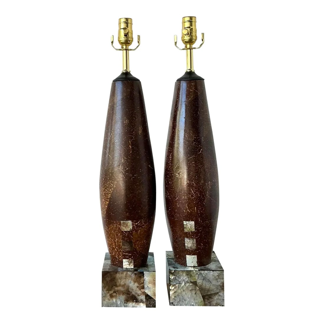 Pair of 1970s Coconut Shell Mosaic Table Lamps with Tessellated Bases: Pair of 1970s Coconut Shell Mosaic Table Lamps with Tessellated Bases This pair of vintage table lamps exemplifies 1970s Organic Modernism, featuring spindle-shaped bodies covered in a mosaic of hand-