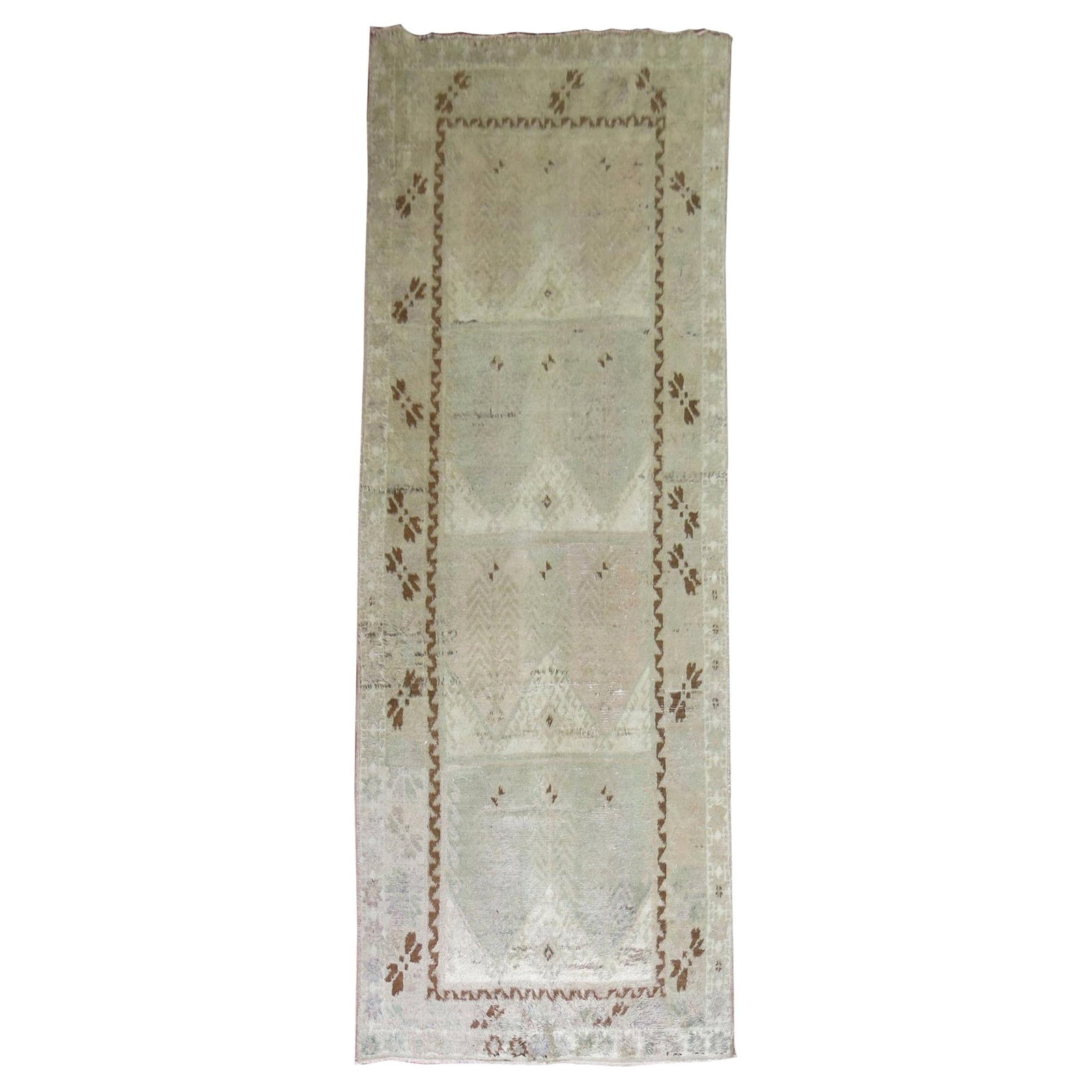 Mid-Century Moroccan Hand-Woven Wool Gallery Runner Rug 4'7 x 12'7: Mid-Century Moroccan Hand-Woven Wool Gallery Runner Rug 4'7 x 12'7 This vintage Moroccan gallery runner features a hand-woven wool construction in a Mid-Century Modern style. The rug displays a decora