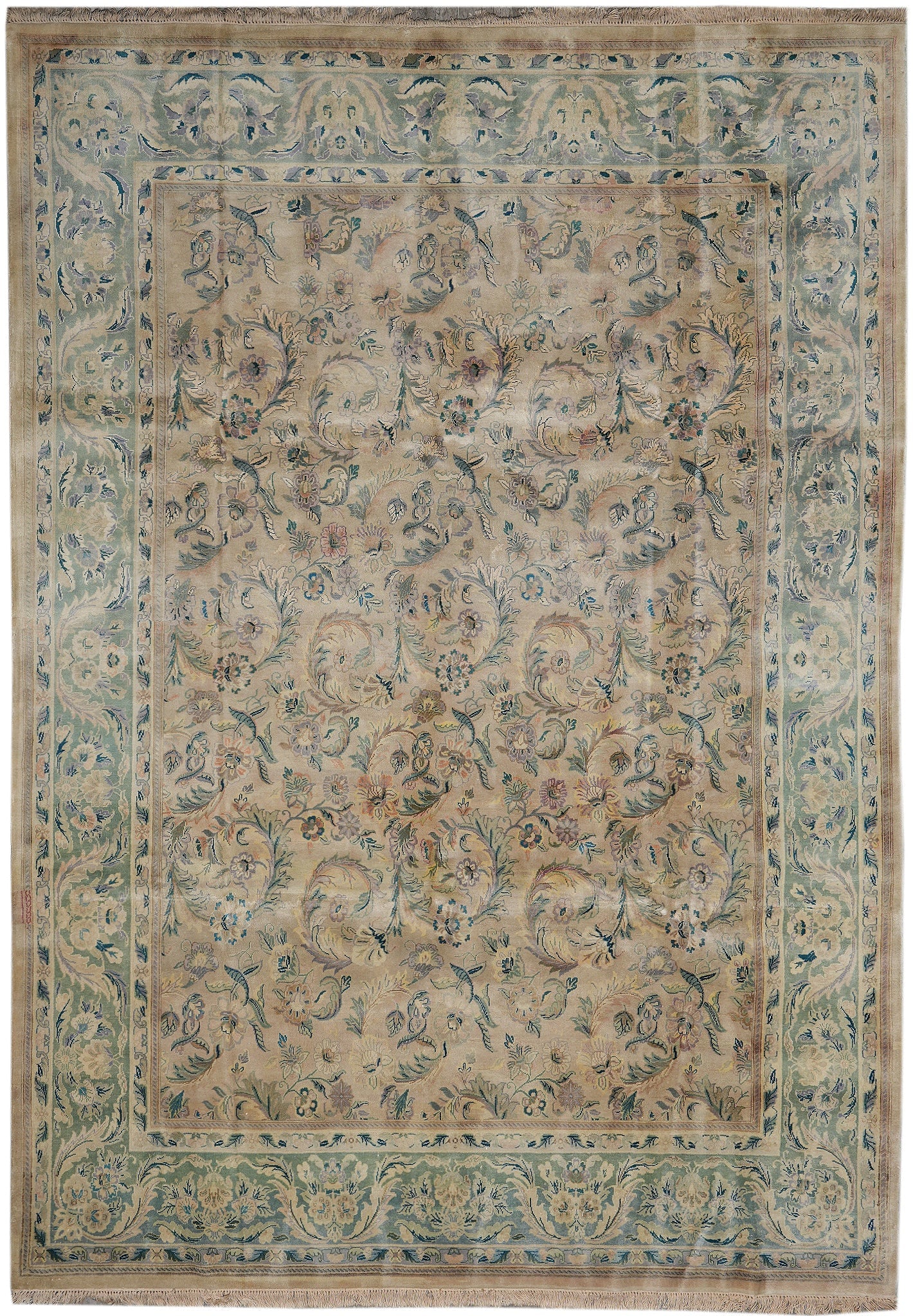 Chobi Peshawar Rug 7.8 x 10.9 Tan Green Hand-Knotted Wool Pakistan: Chobi Peshawar Rug 7.8 x 10.9 Tan Green Hand-Knotted Wool Pakistan Free continental US Shipping This 7.8 x 10.9-foot Chobi Peshawar rug features a hand-knotted construction by skilled artisans in Paki