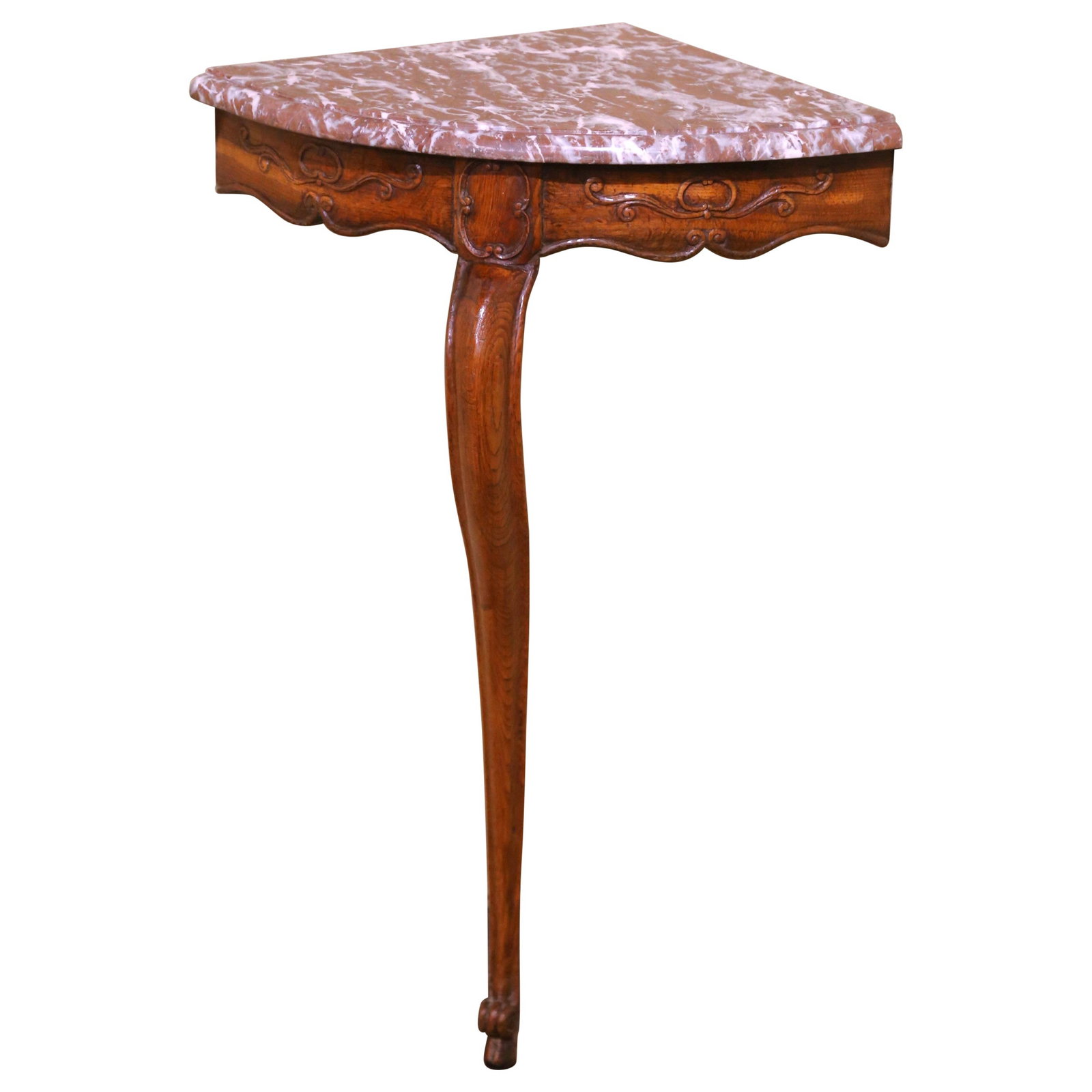 French Louis XV Oak Corner Console Table with Rouge Marble Top Circa 1780: French Louis XV Oak Corner Console Table with Rouge Marble Top Circa 1780 This elegant late 18th-century French corner console table is crafted from hand-carved oak in the Louis XV style. Featuring a 