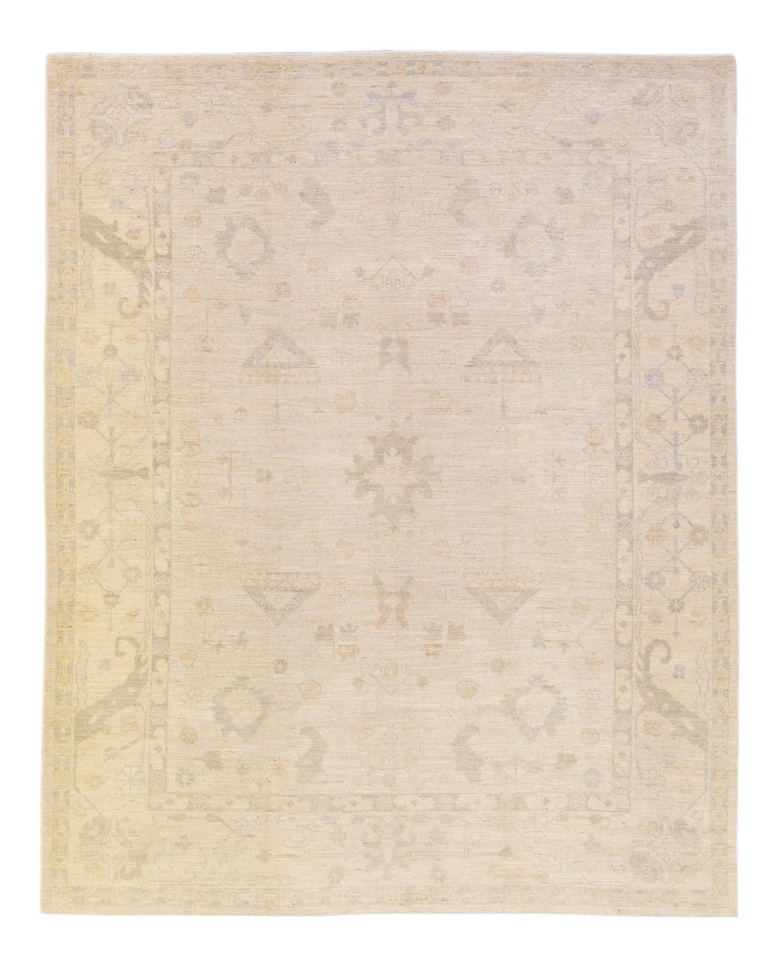 Contemporary Turkish Oushak Handmade Wool Rug Beige Floral Design 9'4" x 12'2": Contemporary Turkish Oushak Handmade Wool Rug Beige Floral Design 9'4" x 12'2" Enhance your living space with this exquisite Modern Turkish Oushak handmade rug, featuring a stunning all-over geometric