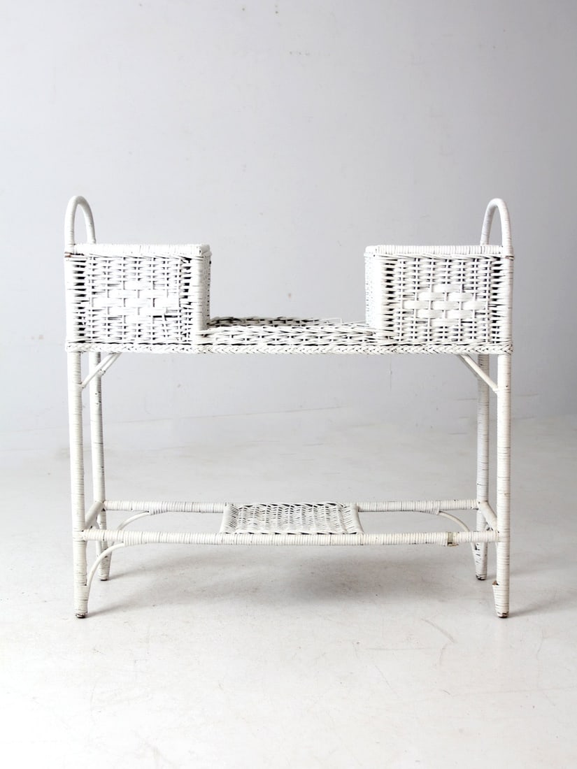 Charming Antique White Wicker Plant Stand with Galvanized Baskets: Charming Antique White Wicker Plant Stand with Galvanized Baskets This antique white wicker planter basket stand is an exquisite addition to enhance your indoor or covered outdoor spaces. It features 