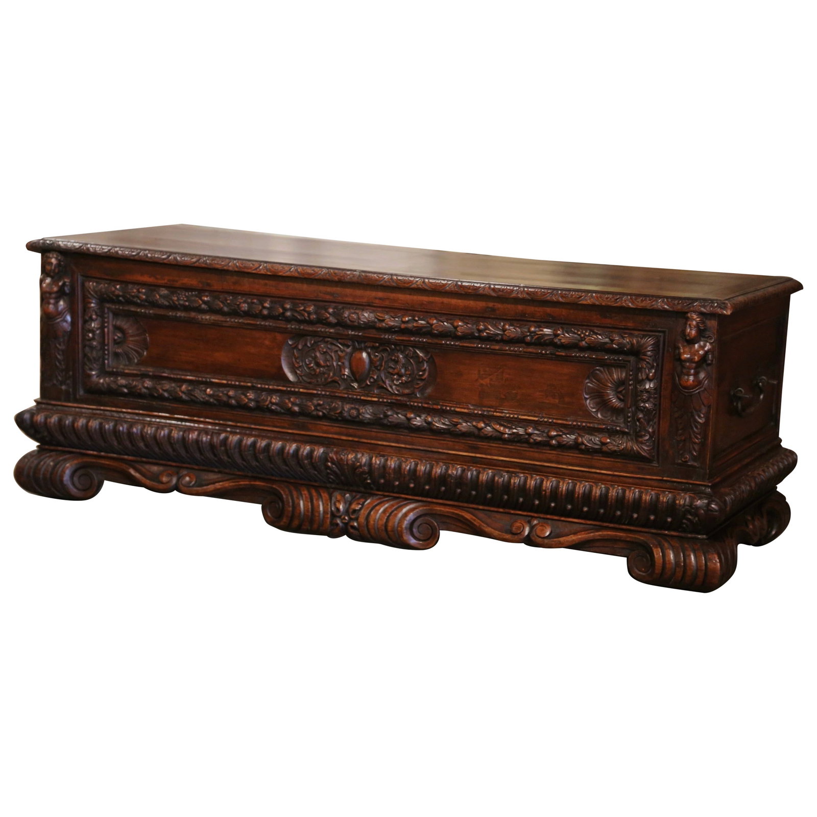 19th Century Italian Baroque Hand-Carved Walnut Cassone Trunk: 19th Century Italian Baroque Hand-Carved Walnut Cassone Trunk This exquisite 19th Century Italian Renaissance cassone, or dowry chest, showcases the artistry of early 19th-century craftsmanship. Made 