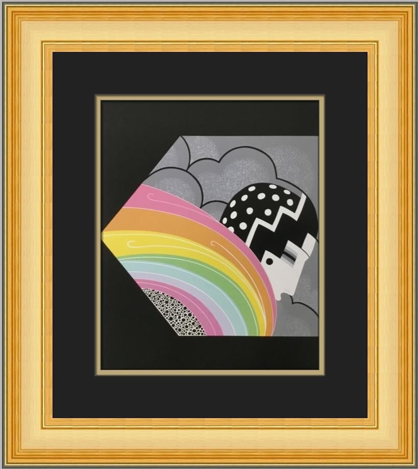 Matted and Framed Erte Tempest Art Deco Reproduction Print: Matted and Framed Erte Tempest Art Deco Reproduction Print Custom framed reproduction print titled Tempest by Erte, presented in an Art Deco style. The piece is matted and framed, created as an offset
