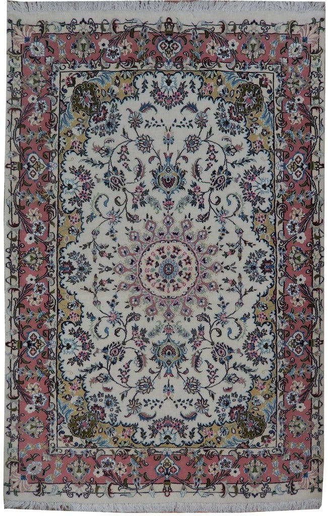 4.3 x 6.3 Persian Tabriz Transitional Handmade Wool Silk Rug: 4.3 x 6.3 Persian Tabriz Transitional Handmade Wool Silk Rug Free continental US Shipping This 4.3 x 6.3 Persian Tabriz rug is handmade using premium wool with silk highlights, offering a luxuriously 