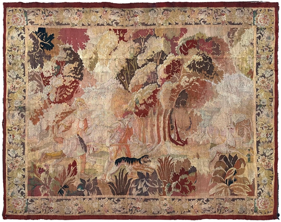 196cm x 247cm French wool wall tapestry verdure animals flowers c1900 (1 of 16)