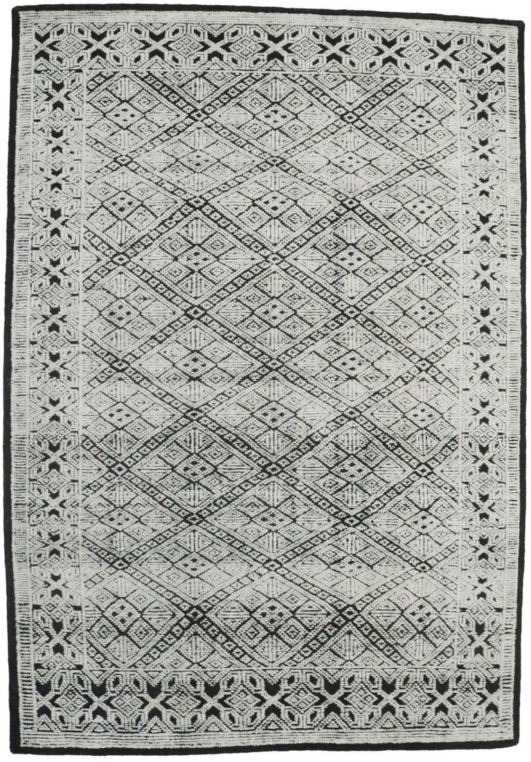 6x9 Hand-Knotted Wool Area Rug Geometric Pattern Modern Ivory Black: 6x9 Hand-Knotted Wool Area Rug Geometric Pattern Modern Ivory Black This modern area rug features a striking ivory and black geometric pattern, hand-knotted from wool for durability and comfort. Its r