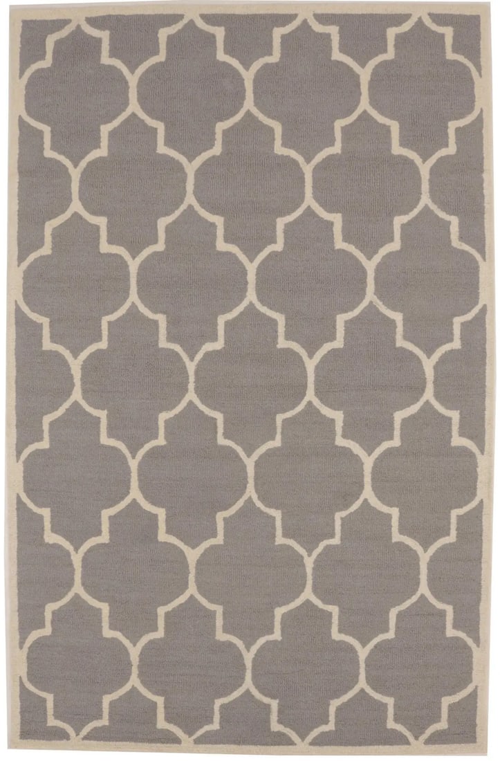 Modern Hand-Tufted Taupe Wool Area Rug With Trellis Pattern 5x8: Modern Hand-Tufted Taupe Wool Area Rug With Trellis Pattern 5x8 This 5x8 area rug features a modern trellis pattern in taupe and cream tones. Hand-tufted from wool, it is designed with a high pile for