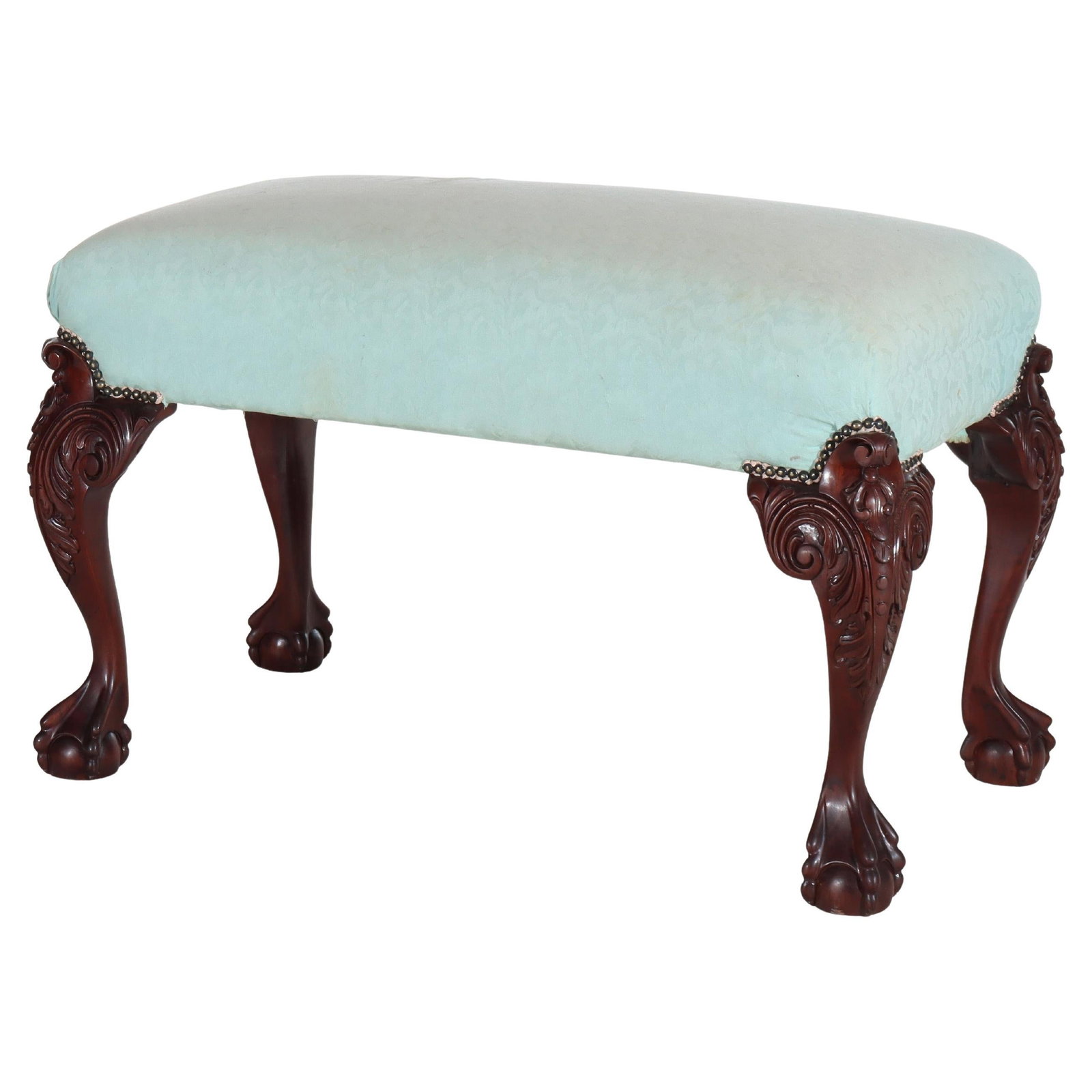 Mahogany Chippendale Style Long Bench with Carved Legs Circa 1940: Mahogany Chippendale Style Long Bench with Carved Legs Circa 1940 This vintage Chippendale long bench from circa 1940 features carved mahogany legs with foliate knees and classic claw and ball feet. T