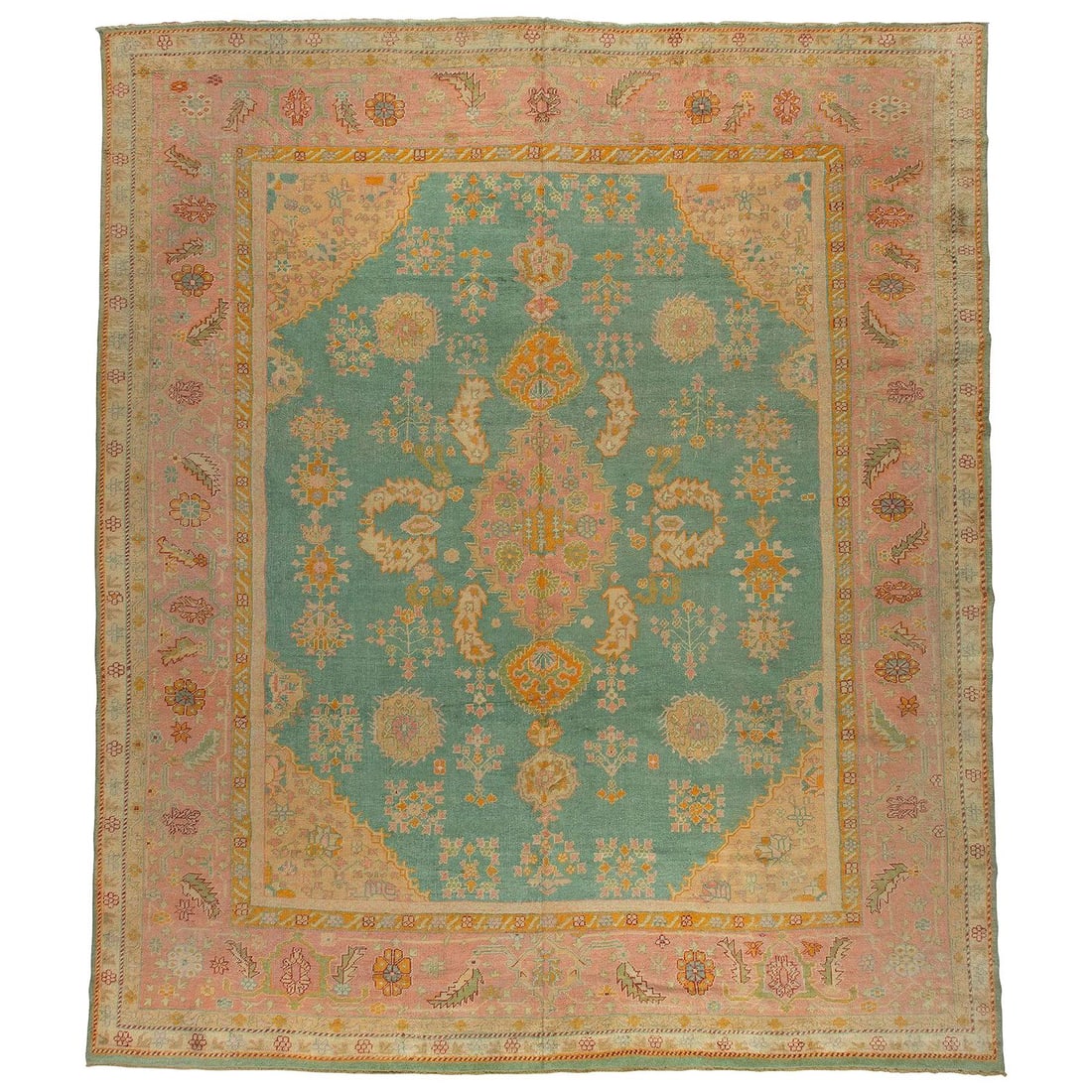Vibrant Teal Pink Antique Oushak Rug 13'4" x 15'8" Bohemian Style: Vibrant Teal Pink Antique Oushak Rug 13'4" x 15'8" Bohemian Style This captivating oversized Oushak rug features a vibrant teal field with a contrasting pink border, making it a stunning addition to a