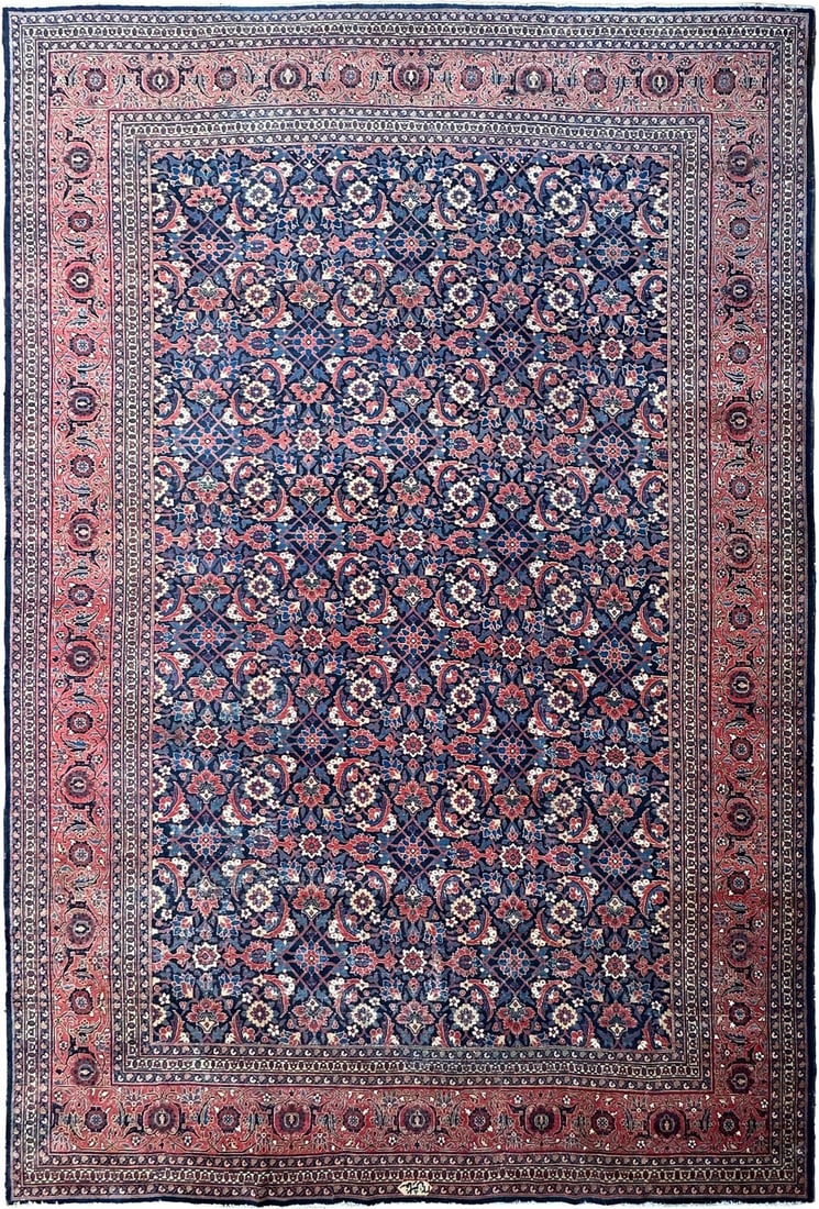 Antique Persian Tabriz Wool Hand Knotted Rug 12x18 Signed: Antique Persian Tabriz Wool Hand Knotted Rug 12x18 Signed This authentic antique Persian Tabriz rug, dating to circa 1890, features a finely hand-knotted wool construction with a geometric overall pat