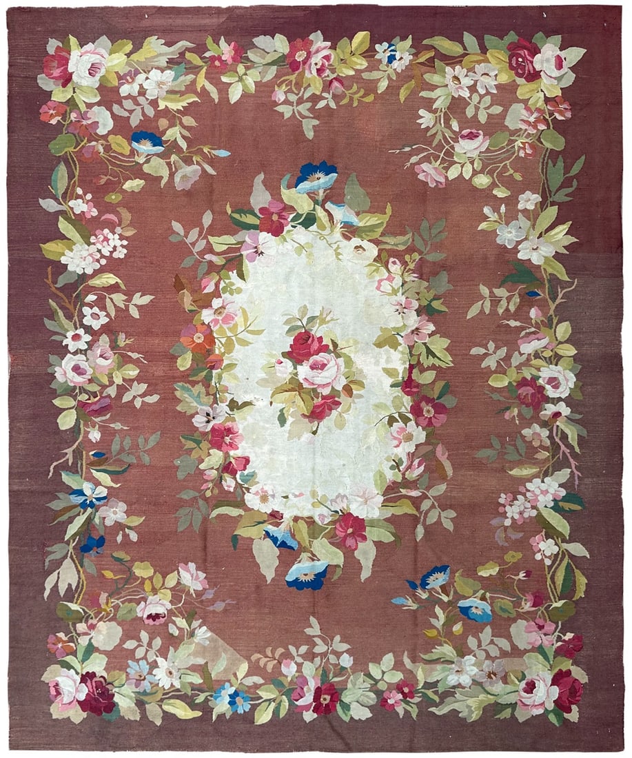 Antique French Aubusson Floral Wool Rug 7x8 Napoleon III: Antique French Aubusson Floral Wool Rug 7x8 Napoleon III This authentic antique French Aubusson rug dates to the Napoleon III period, circa 1870. Handwoven in France from fine wool with a cotton found