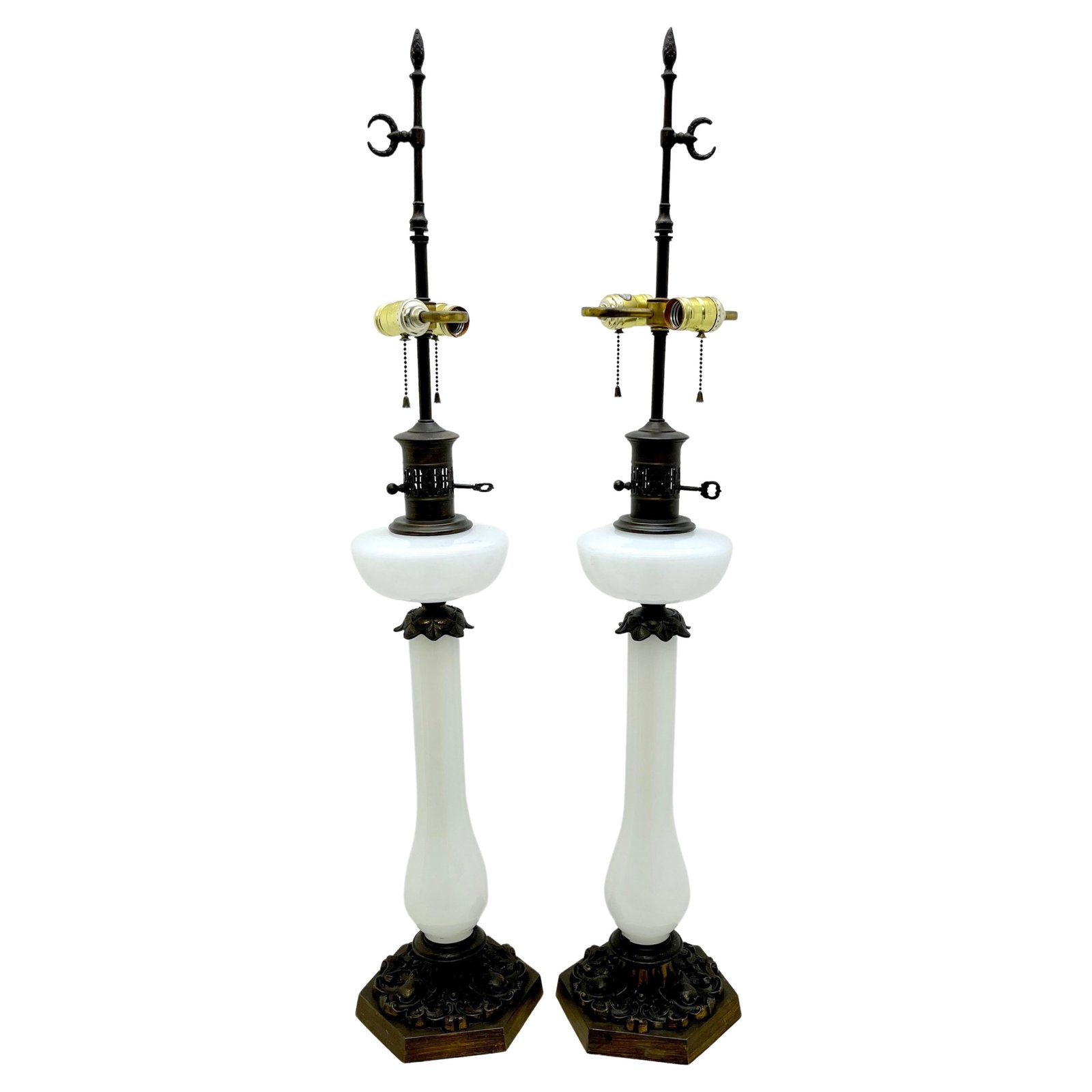 Set of 2 Tall French Neoclassical Electrified Opaline Oil Lamps (1 of 10)