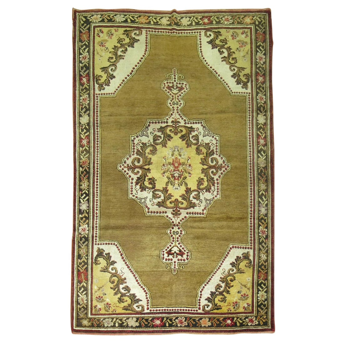 Hand Woven Wool Turkish Medallion Rug Olive Brown Yellow (1 of 8)