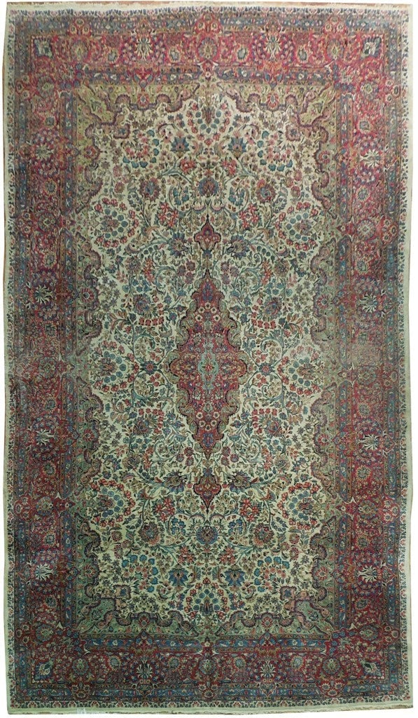 Ivory Antique Handmade Persian Kerman Rug 9.8 x 17.5 (1 of 6)
