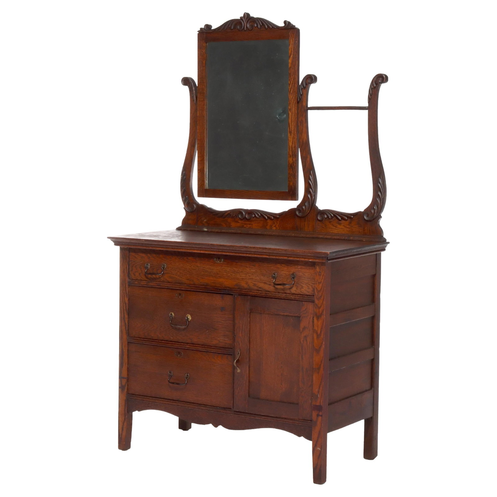 Vintage 1920 Oak Hotel Wash Stand with Mirror and Brass Hardware (1 of 14)