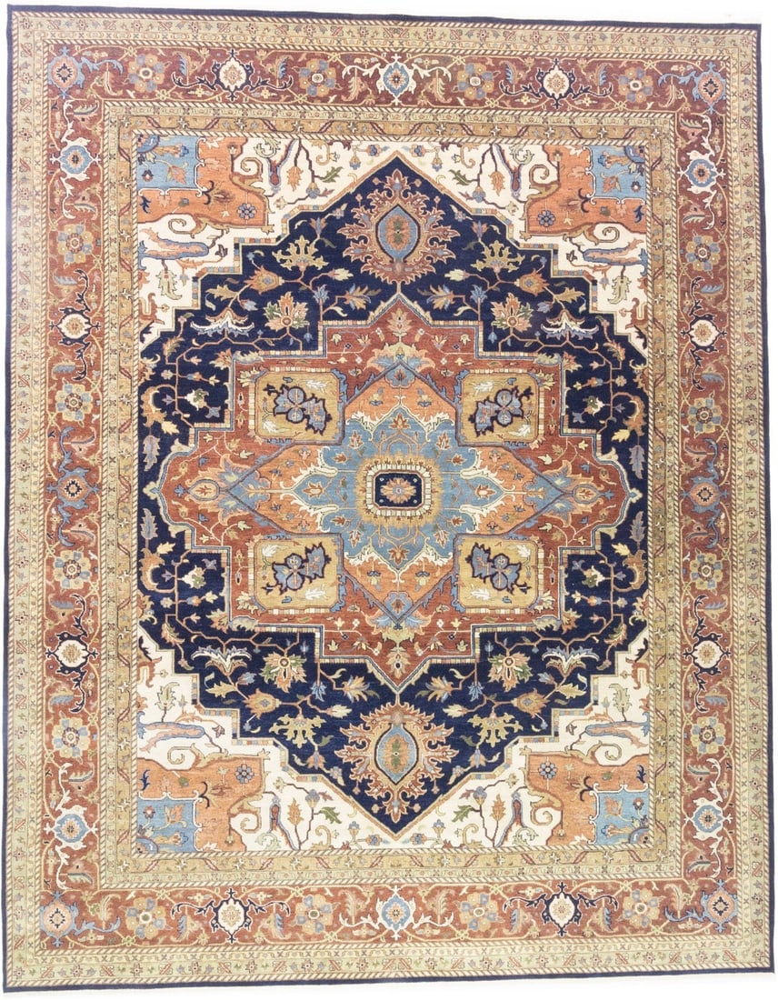 Hand-Knotted Wool Geometric Heriz Serapi Area Rug 11'11 x 15'1: Hand-Knotted Wool Geometric Heriz Serapi Area Rug 11'11 x 15'1 This oversized Heriz Serapi area rug features a hand-knotted geometric design in dark navy, rust, beige, cream, and peach tones. Made fro