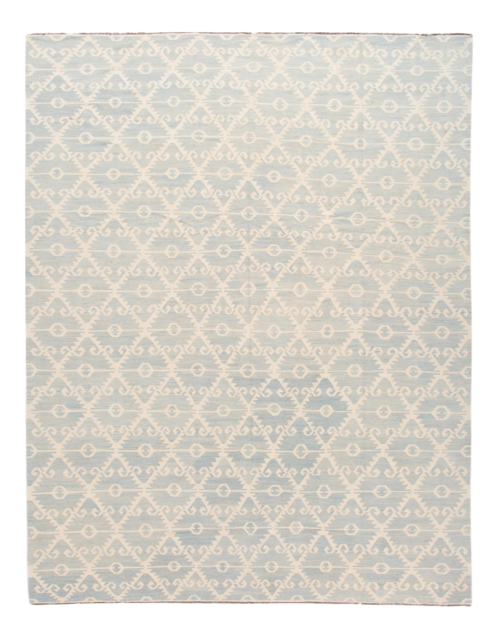 Contemporary Ivory Kilim Wool Rug 12'1 x 15'7 Blue Geometric Design: Contemporary Ivory Kilim Wool Rug 12'1 x 15'7 Blue Geometric Design Elevate your space with this stunning 21st Century Modern Flatweave Kilim Wool Rug. Hand-woven with care, this contemporary piece fe