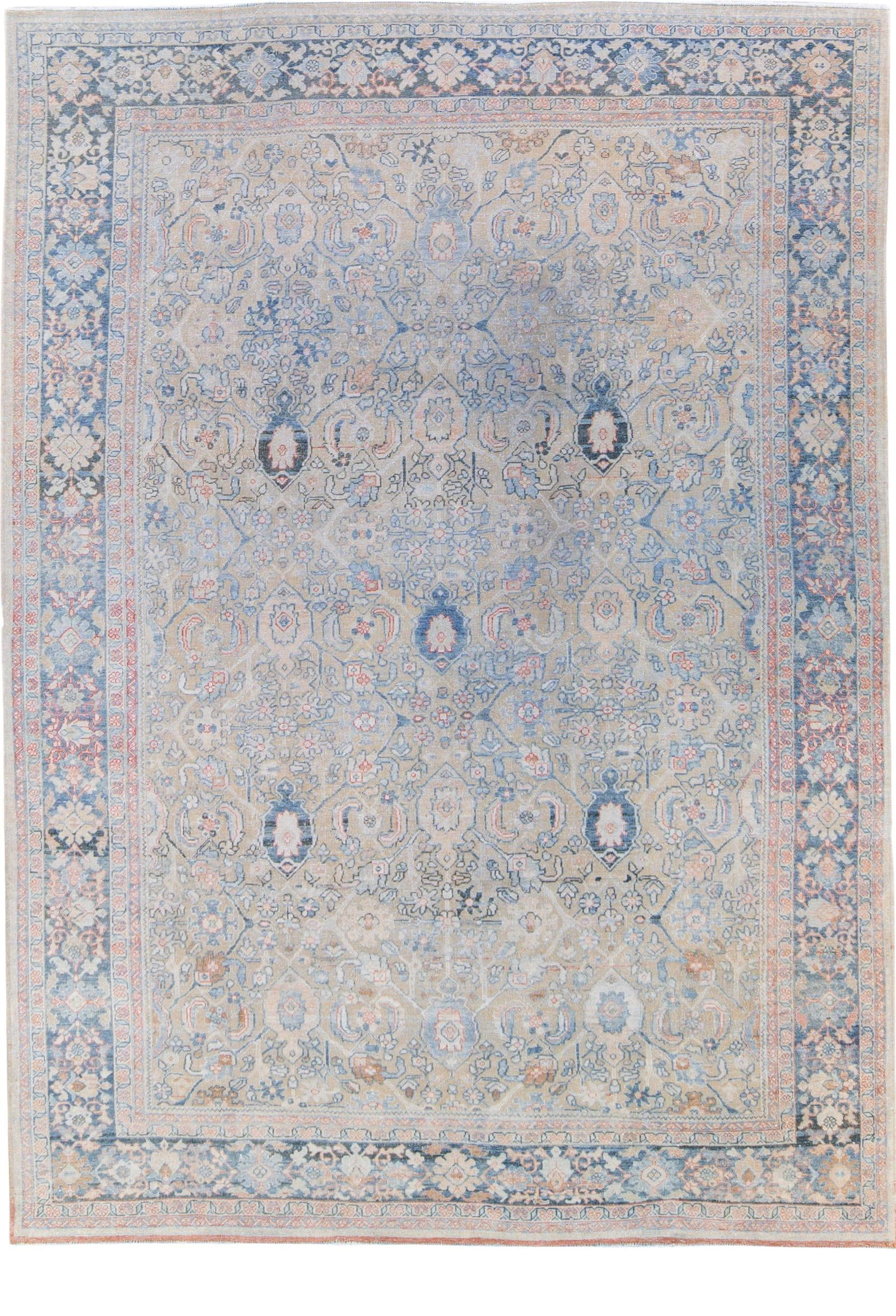 Antique Mahal Floral Design Beige Wool Rug 9'1" x 12'5": Antique Mahal Floral Design Beige Wool Rug 9'1" x 12'5" Discover the elegance of this hand-knotted antique Mahal wool rug, showcasing a stunning floral design on a soft beige field. The intricate patt