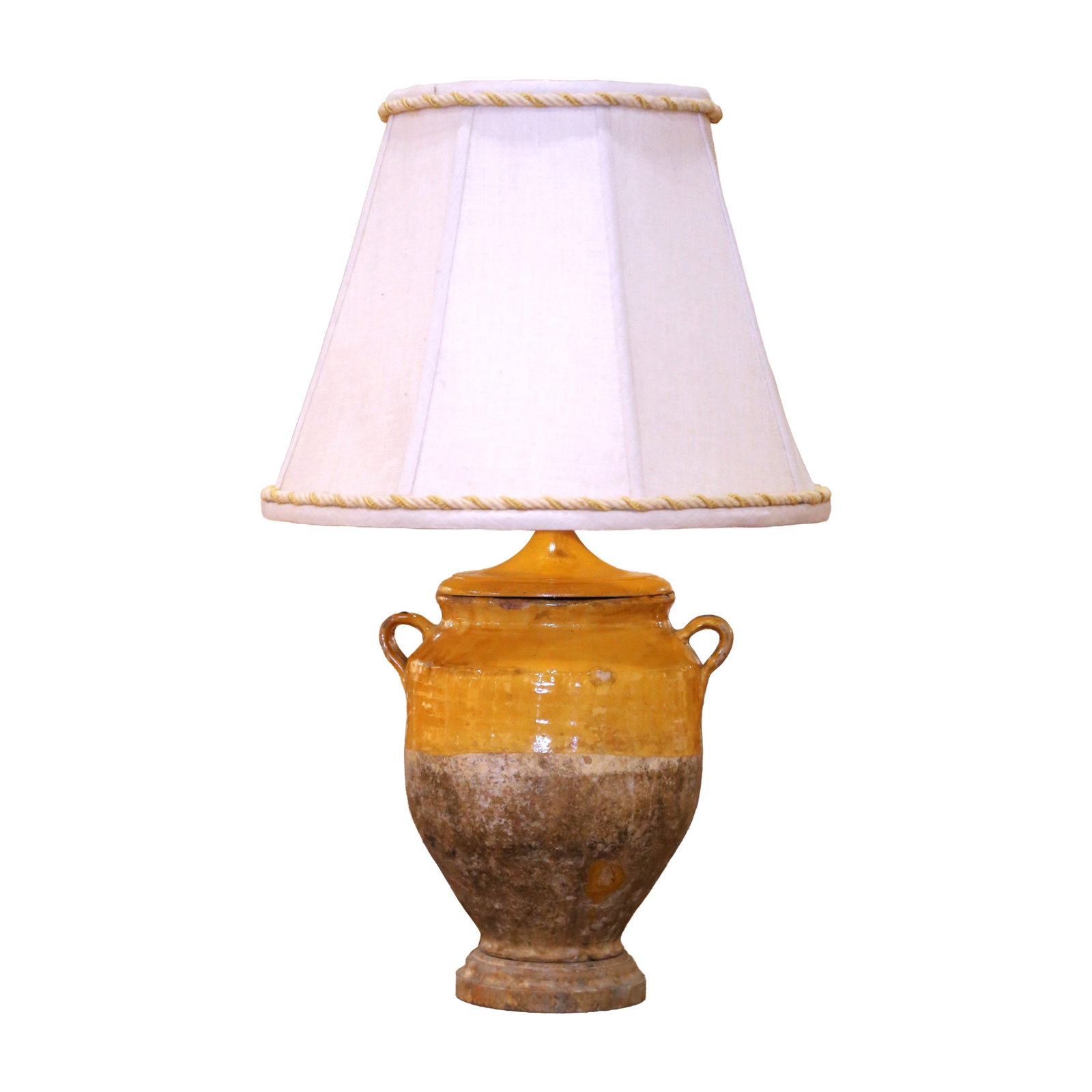 French Confit Pot Table Lamp with Custom Shade: French Confit Pot Table Lamp with Custom Shade This late 19th century French table lamp is crafted from an antique confit pot originating from the Perigord region. The earthenware vessel features a di