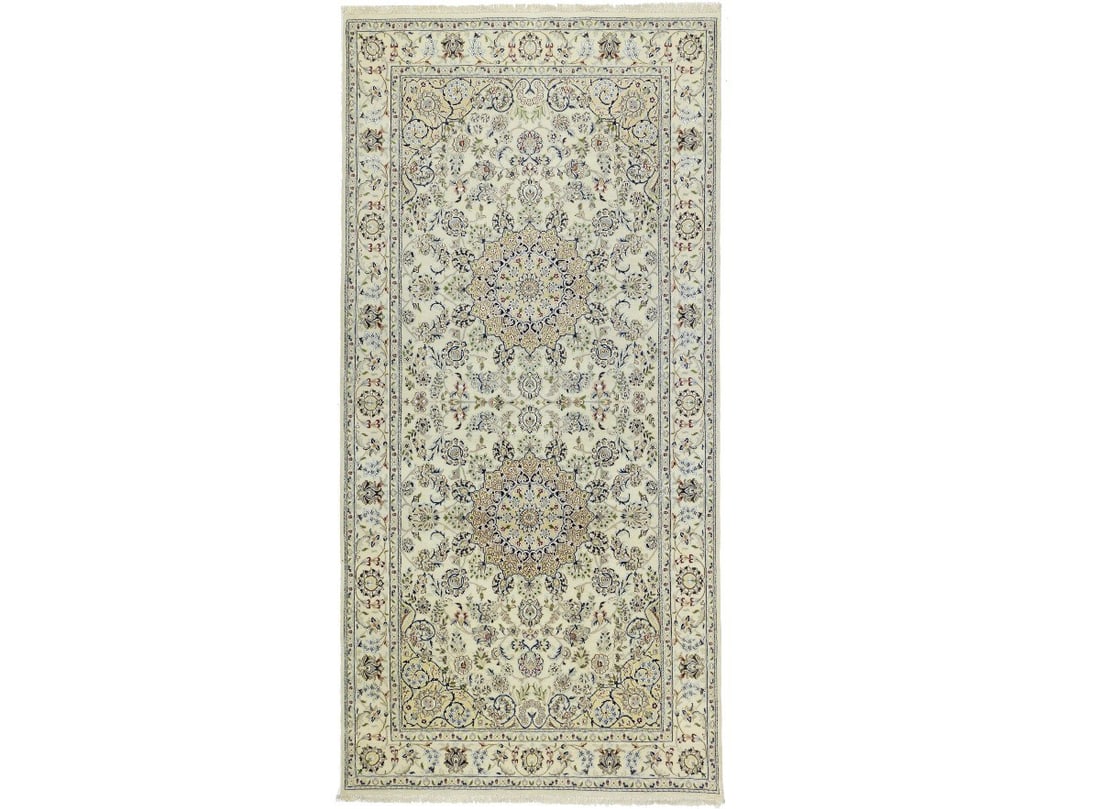 Hand-Knotted Wool and Silk Indo-Nain Floral Area Rug 5'11 x 12'2: Hand-Knotted Wool and Silk Indo-Nain Floral Area Rug 5'11 x 12'2 This is a rare size handmade Indo-Nain area rug featuring a classic floral pattern. The rug is hand-knotted from a blend of wool and si