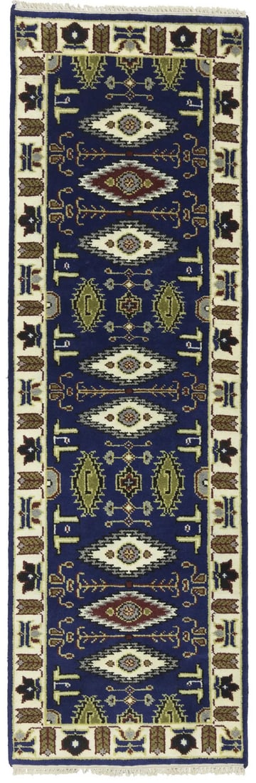 Hand Knotted Wool Kazak Runner Rug 2'7 x 8'0 Geometric Tribal: Hand Knotted Wool Kazak Runner Rug 2'7 x 8'0 Geometric Tribal This Kazak Oriental runner rug features a striking geometric pattern in navy blue, cream, red, dark brown, gold, and additional accent col