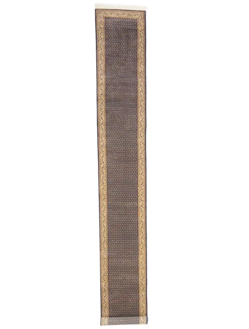 Handmade Wool Floral Runner Rug 2'7 x 18'10 Indo Botemir: Handmade Wool Floral Runner Rug 2'7 x 18'10 Indo Botemir This handmade Indo-Botemir floral runner rug features a palatial oriental design with a modern floral pattern. Crafted using hand-knotted wool,