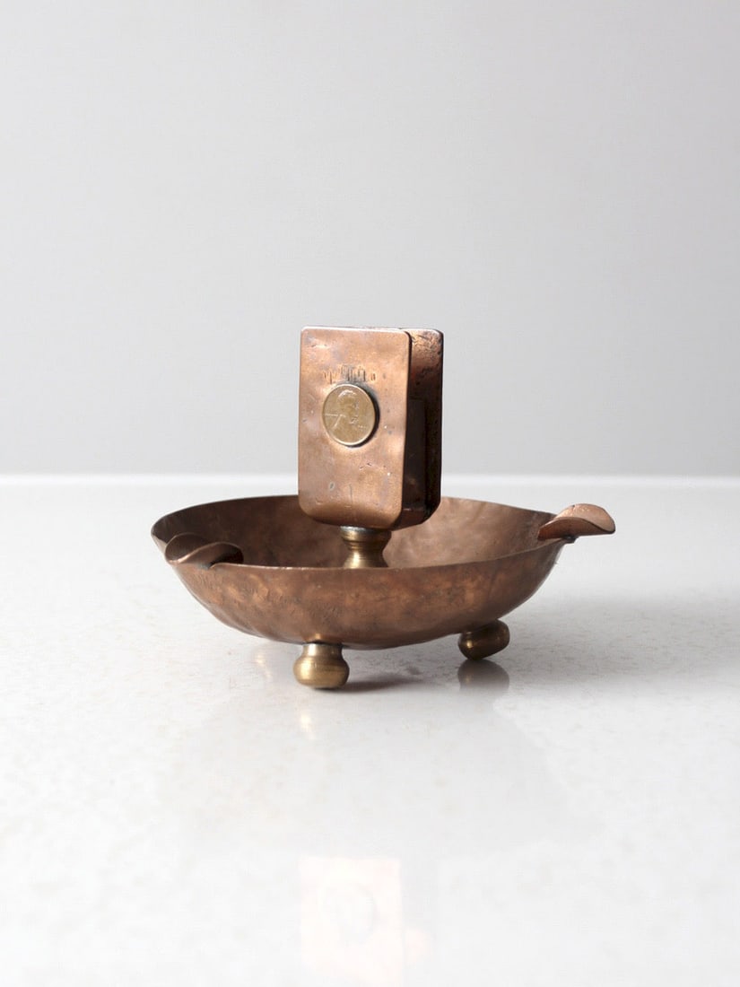 Arts Crafts Hammered Copper Ashtray with Match Holder (1 of 11)