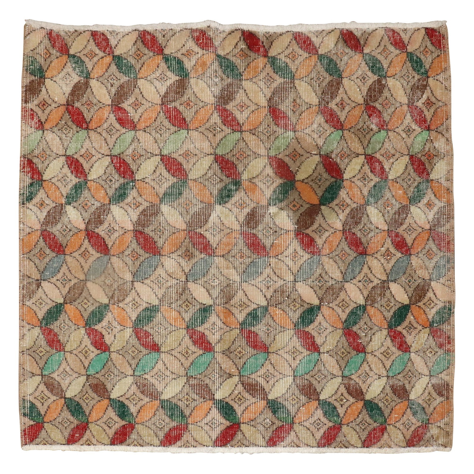 3'7'' x 4' Square Wool Turkish Deco Rug: 3'7'' x 4' Square Wool Turkish Deco Rug This exquisite square Turkish deco rug features a captivating repetitive circular motif in a vibrant array of colors, showcasing the rich artistic heritage of I