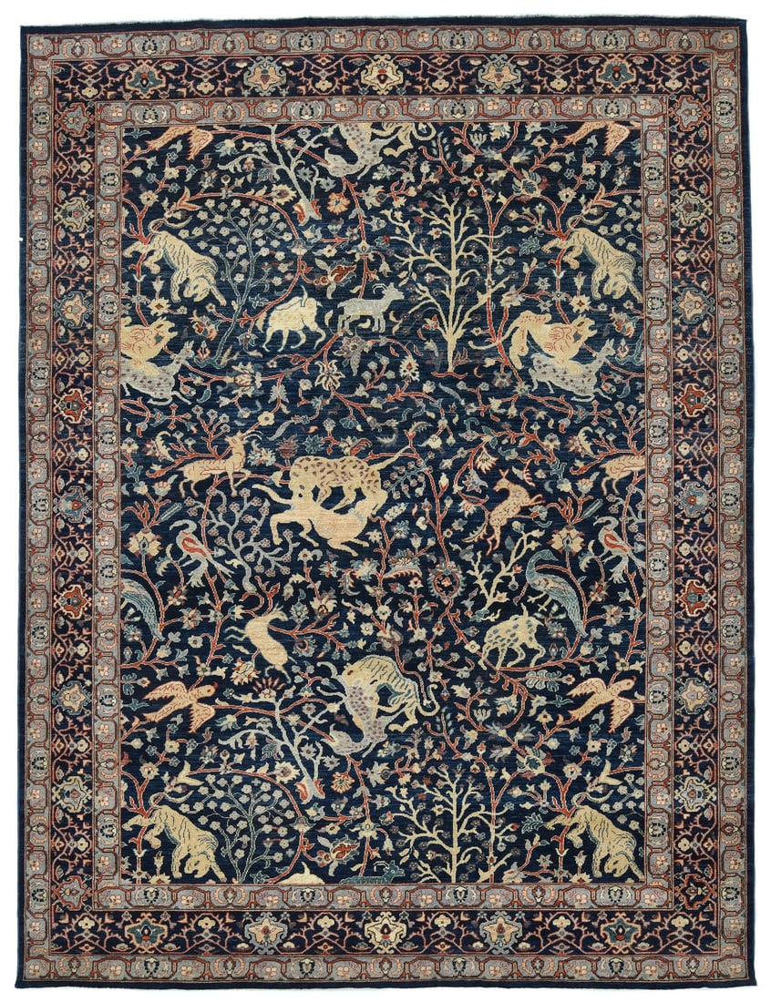 Large Dark Navy Pictorial Oushak Rug Handspun Wool 9x12 ft: Large Dark Navy Pictorial Oushak Rug Handspun Wool 9x12 ft Enhance your living space with this exquisite Large Dark Navy Oushak Oriental Rug, expertly crafted from handspun wool. Measuring approximate