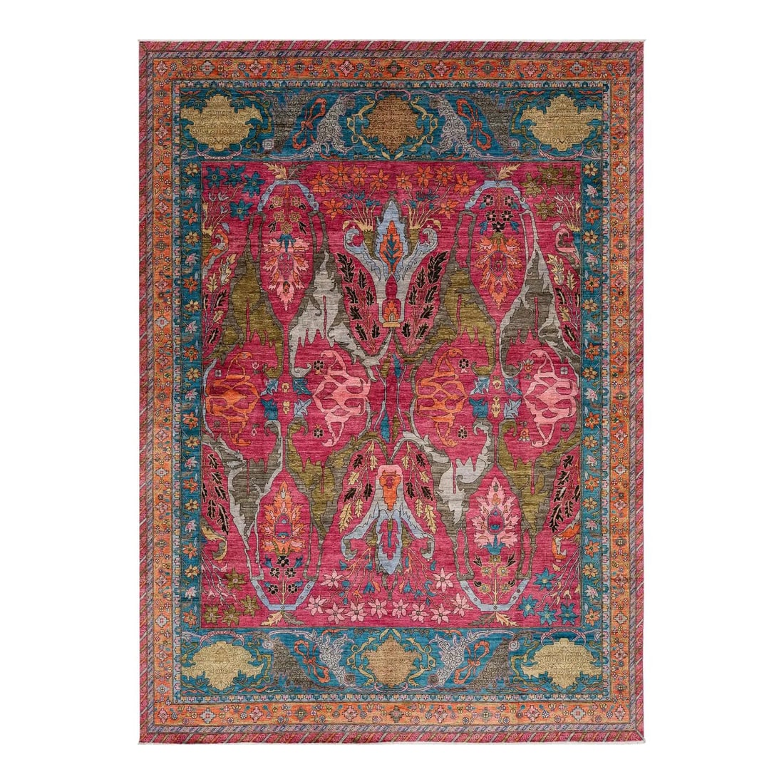 Hand-Knotted Wool Rug in Fuchsia and Teal Modern Bidjar Botanical Design 9'11 x 13'9 (1 of 10)