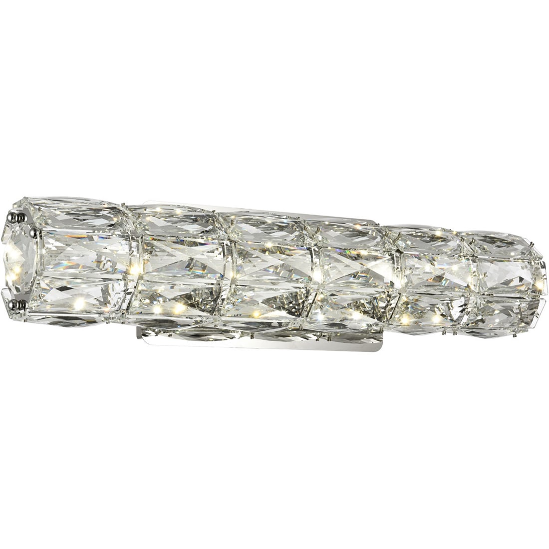 Valetta LED Crystal Wall Sconce Chrome 18.1 in: Valetta LED Crystal Wall Sconce Chrome 18.1 in Modern crystal wall sconce with a polished chrome finish, designed for indoor use. It features clear royal cut crystals, integrated LED lighting, and a h