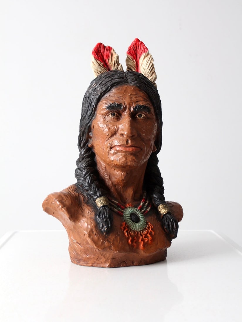 Vaughn Kendrick Vintage Native American Bust 20 Inch Signed Sculpture: Vaughn Kendrick Vintage Native American Bust 20 Inch Signed Sculpture Presenting a striking vintage bust by Vaughn Kendrick, crafted circa 1972. This large-scale sculpture captures the essence of Nati
