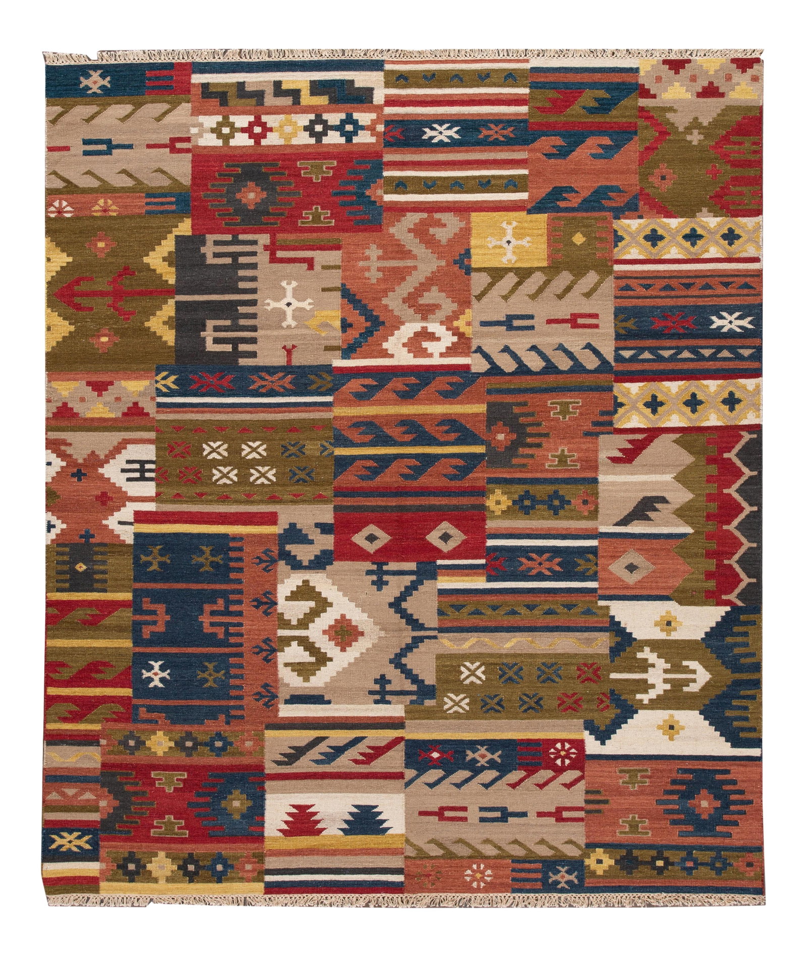 Hand-Woven Modern Kilim Rug Tan 8'5" x 9'10" Wool: Hand-Woven Modern Kilim Rug Tan 8'5" x 9'10" Wool Enhance your living space with this stunning hand-woven modern Kilim rug. Featuring a warm tan field adorned with vibrant multi-color accents, this ru