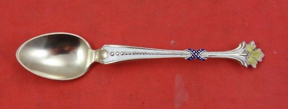 Shiebler Sterling Silver Vermeil Demitasse Spoon Unknown Pattern 4.5 inches: Shiebler Sterling Silver Vermeil Demitasse Spoon Unknown Pattern 4.5 inches This exquisite demitasse spoon, crafted by Shiebler, showcases a unique design with vermeil and enameled accents. Made from 