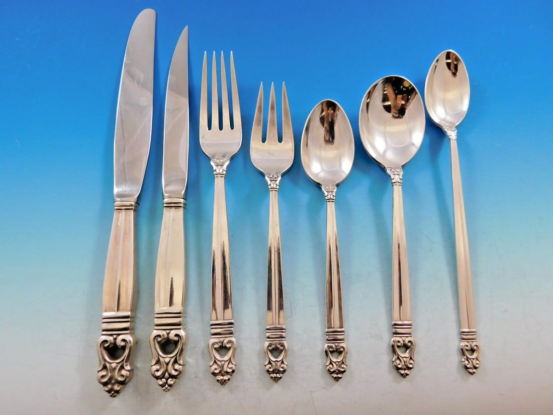 56 Piece Sterling Silver Royal Danish Flatware Set for 8: 56 Piece Sterling Silver Royal Danish Flatware Set for 8 This Royal Danish flatware set by International Silver features a total of 56 pieces crafted from sterling silver. The set is designed for serv