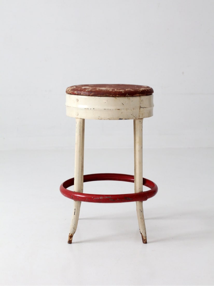 Vintage cream metal diner stool with red footrest (1 of 16)