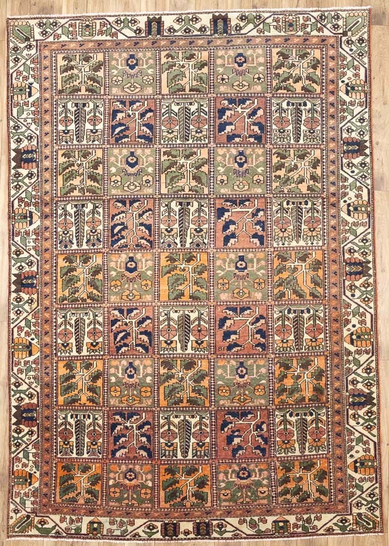 Hand Knotted Wool Tribal Area Rug 6'6 x 9'4 Semi Antique: Hand Knotted Wool Tribal Area Rug 6'6 x 9'4 Semi Antique This semi-antique hand-knotted tribal wool rug features a distressed finish with a unique pictorial pattern in muted shades of rust, cream, nav