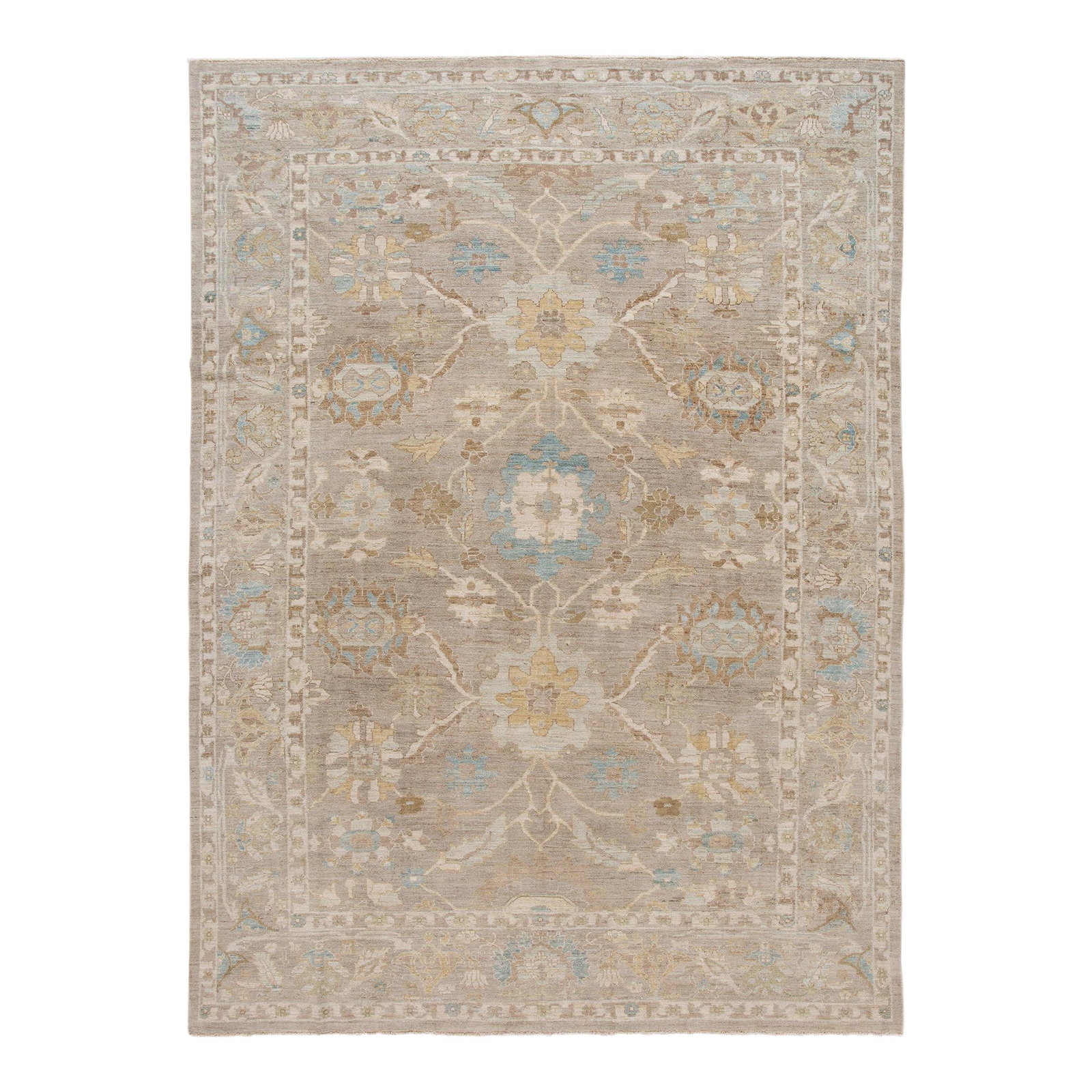 Beige Handmade Floral Wool Sultanabad Rug 10' x 13'6": Beige Handmade Floral Wool Sultanabad Rug 10' x 13'6" Enhance your home decor with this exquisite modern Sultanabad hand-knotted wool rug. Featuring a soft beige field, the rug showcases an intricate 