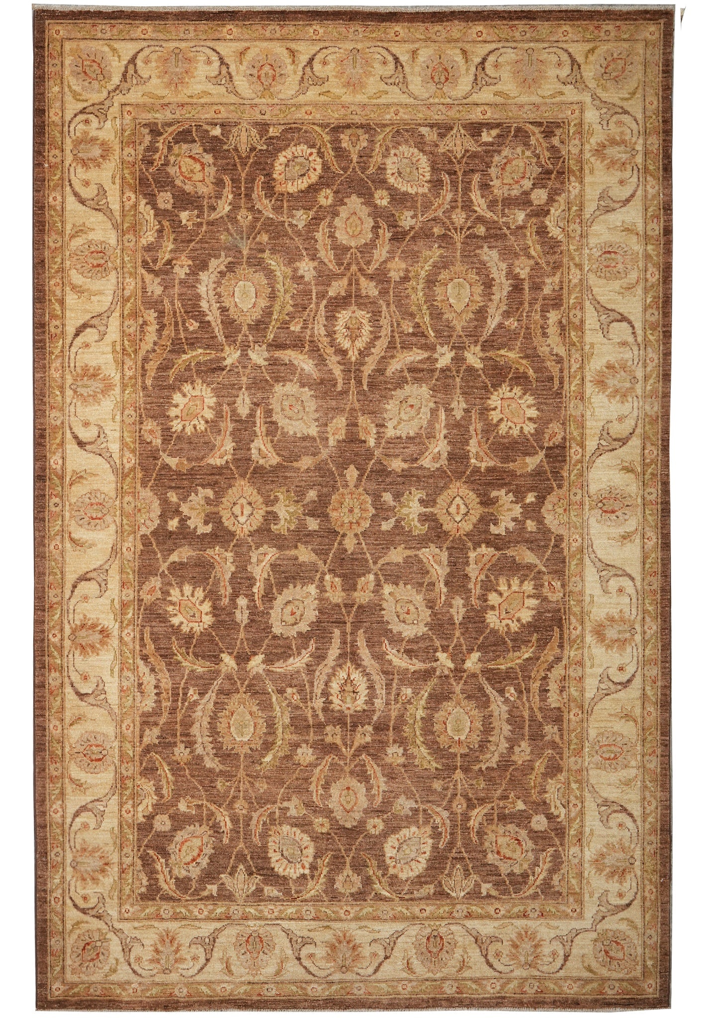 6 x 9 Organic Wool Chobi Peshawar Rug Brown: 6 x 9 Organic Wool Chobi Peshawar Rug Brown Free continental US Shipping This rectangular Chobi Peshawar rug features an organic wool construction and an intricate floral pattern in warm brown tones w