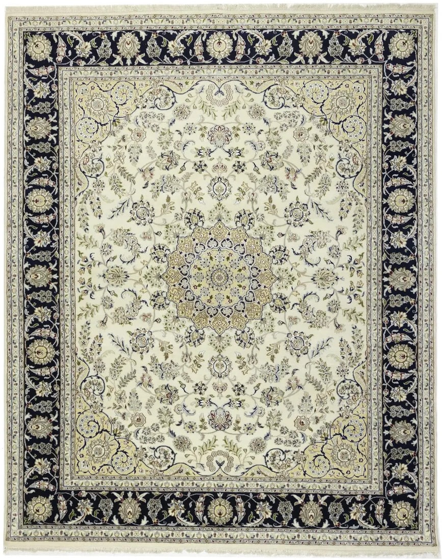 Hand-Knotted Wool Indo-Nain Area Rug 8'1 x 10'1 Modern Floral Medallion: Hand-Knotted Wool Indo-Nain Area Rug 8'1 x 10'1 Modern Floral Medallion This 8x10 Indo-Nain area rug features a medallion floral design with a cream, dark navy, buff, red, light grey, green, tan, and 